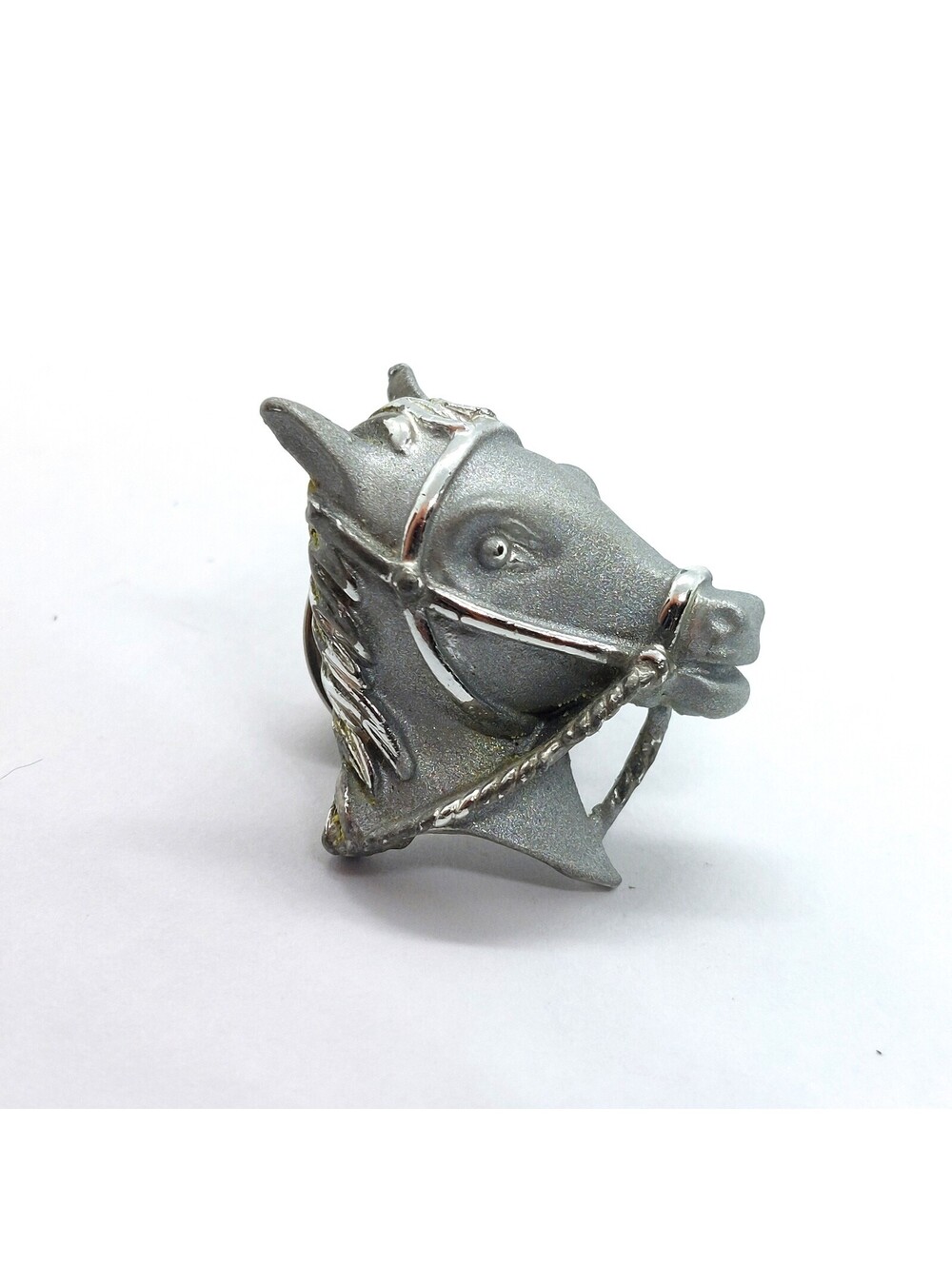 Vintage Horse Head Bridle Pewter Tone Pin 3D Equestrian Pony Riding Lapel